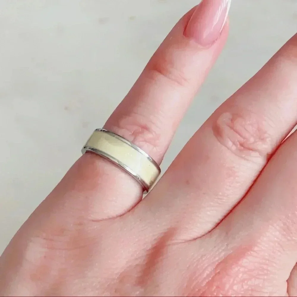 Silver enamel ring band, Sz 5.5, Sparkling  yellow/cream, Bloomingdales